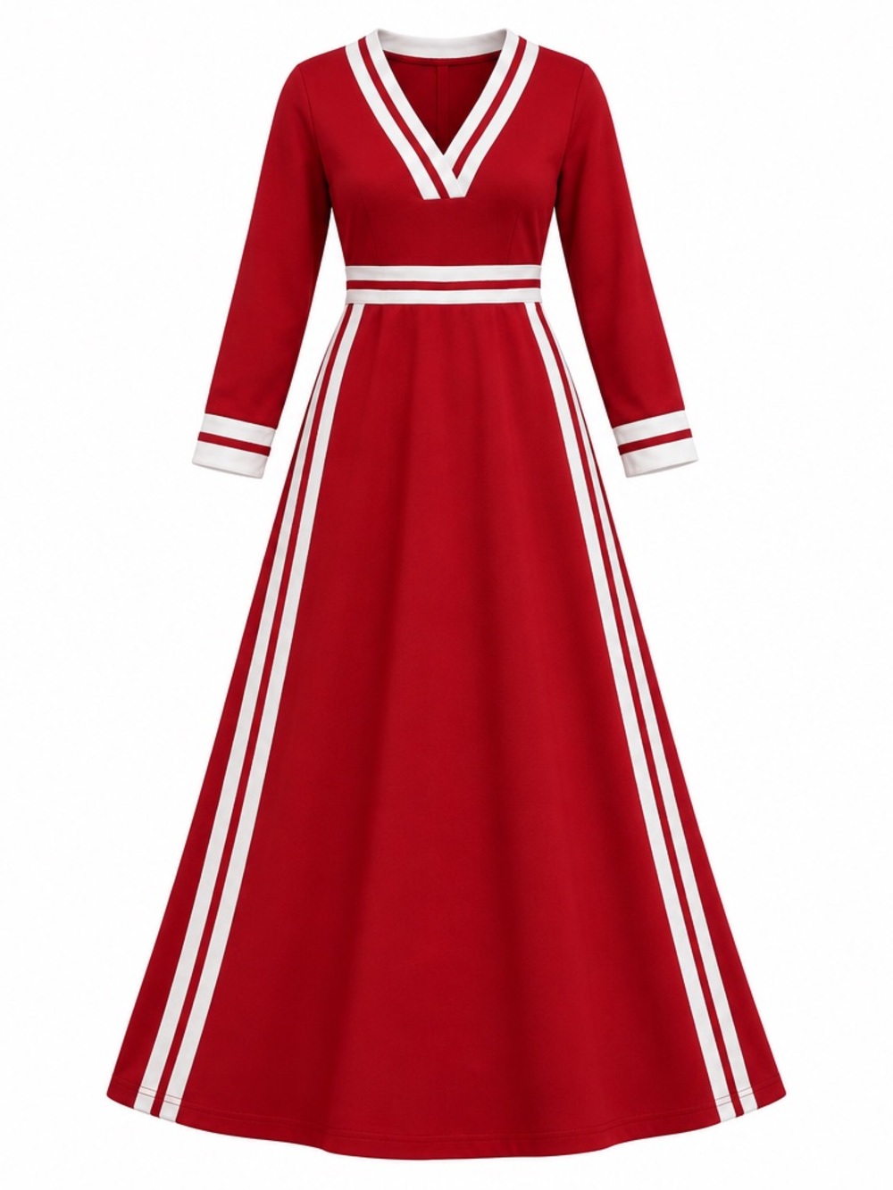 Women’s Red V-Neck Long Sleeve Maxi Dress with White Stripe Trim Size S